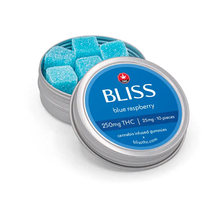 Bliss edibles blue raspberry thc gummies 250mg in open tin showing pieces