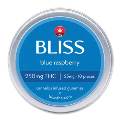 Bliss Edibles Blue Raspberry THC Gummies 250mg tin front label