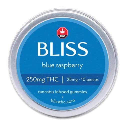 Bliss edibles blue raspberry thc gummies 250mg tin front label