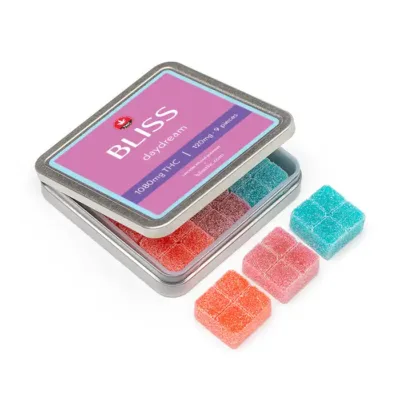Bliss Edibles Daydream THC Gummies 1080mg in open tin showing pieces