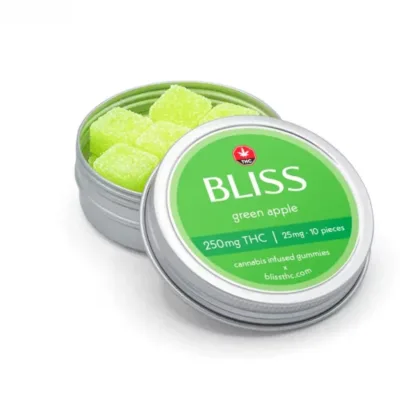 Bliss Edibles Green Apple THC Gummies 250mg in open tin showing pieces