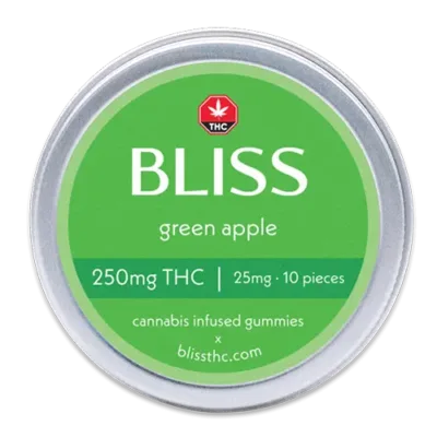 Bliss Edibles Green Apple THC Gummies 250mg tin front label
