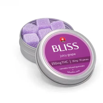 Bliss Edibles Juicy Grape THC Gummies 250mg in open tin showing pieces