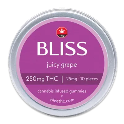 Bliss Edibles Juicy Grape THC Gummies 250mg tin front label