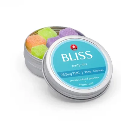 Bliss Edibles Party Mix THC Gummies 250mg in open tin showing pieces