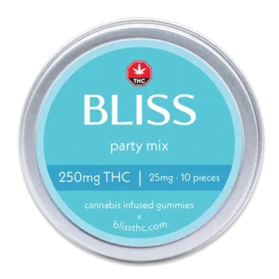 Bliss Edibles Party Mix THC Gummies 250mg tin front label