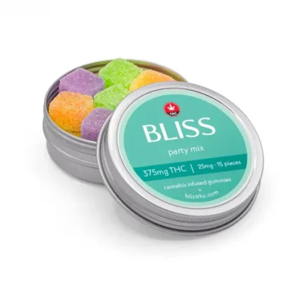 Bliss Edibles Party Mix THC Gummies 375mg in open tin showing pieces