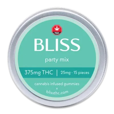 Bliss Edibles Party Mix THC Gummies 375mg tin front label
