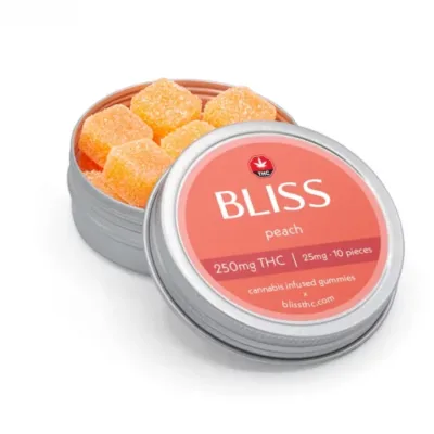Bliss Edibles Peach THC Gummies 250mg in open tin showing pieces