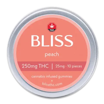 Bliss Edibles Peach THC Gummies 250mg tin front label
