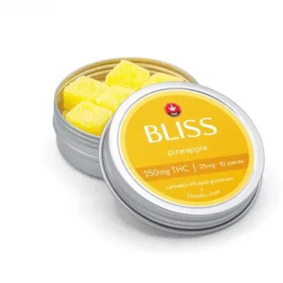 Bliss Edibles Pineapple THC Gummies 250mg in open tin showing pieces