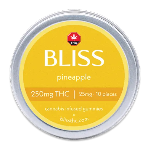 Bliss edibles pineapple thc gummies 250mg tin front label