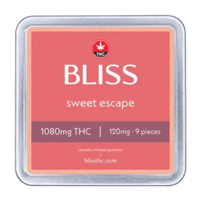 Bliss Edibles Sweet Escape THC Gummies 1080mg tin front label