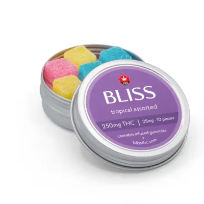 Bliss edibles tropical assorted thc gummies 250mg in open tin showing pieces
