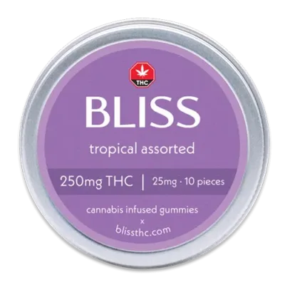 Bliss edibles tropical assorted thc gummies 250mg tin front label