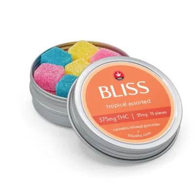 Bliss Edibles Tropical Assorted THC Gummies 375mg in open tin showing pieces