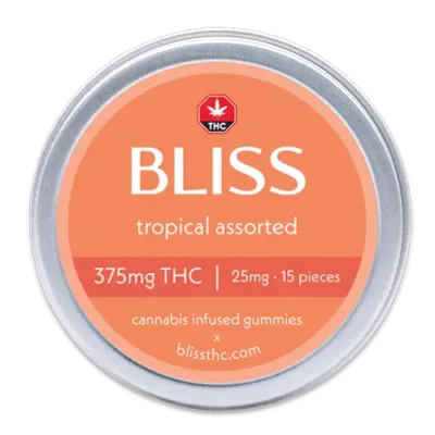 Bliss Edibles Tropical Assorted THC Gummies 375mg tin front label