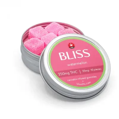 Bliss Edibles Watermelon THC Gummies 250mg in open tin showing pieces