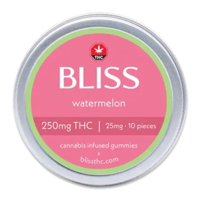 Bliss Edibles Watermelon THC Gummies 250mg tin front label