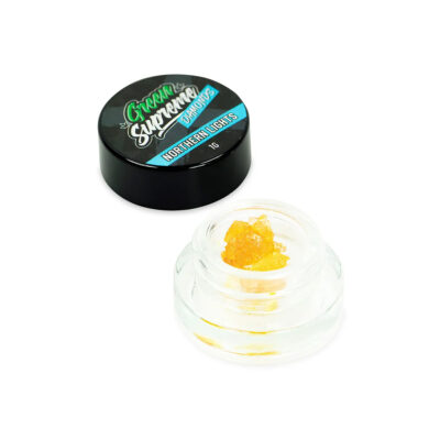 Green Supreme Diamonds Northern Lights strain in a clear glass jar with black lid, 1g THCA concentrate