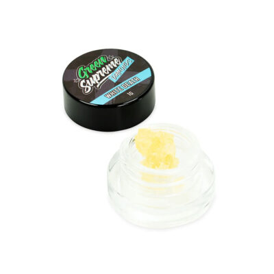 Green Supreme Diamonds White Death strain cannabis concentrate in glass jar with branded black lid, 1g