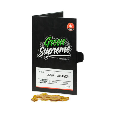 Green Supreme Jack Herer Sativa shatter 1g package with cannabis concentrate