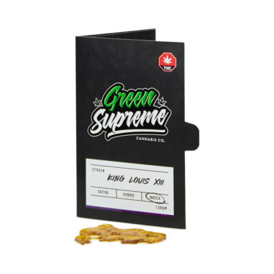 Green Supreme King Louis XIII Indica shatter 1g package with cannabis concentrate