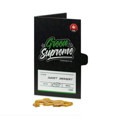 Green Supreme Sunset Sherbert Hybrid shatter 1g package with cannabis concentrate