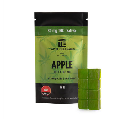 Twisted Extracts Apple Jelly Bomb sativa gummies 80mg THC package with green gummy pieces