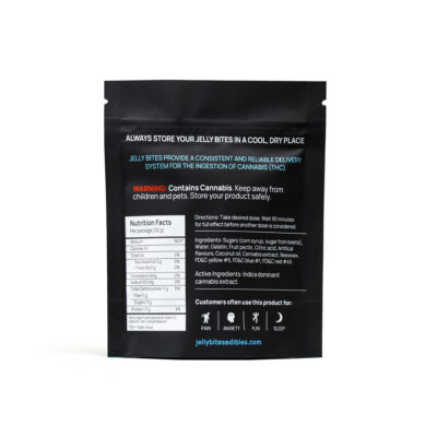 Back of twisted extracts jelly bites berry mix 100mg indica gummies package showing nutrition facts, ingredients, and warning label