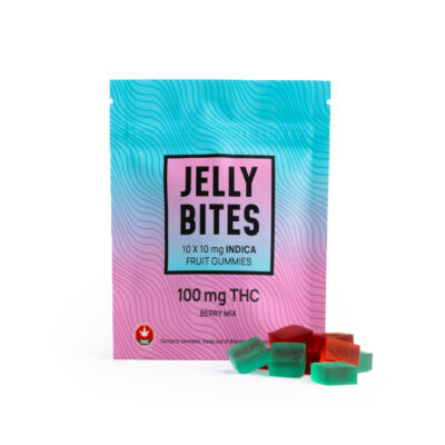Twisted Extracts Jelly Bites Berry Mix indica gummies 100mg THC package with assorted fruit gummies