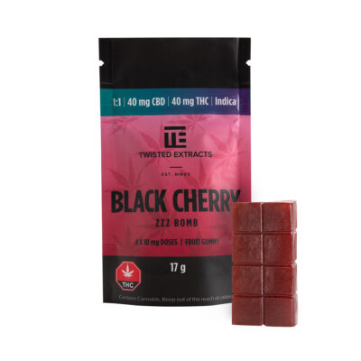Twisted Extracts Black Cherry Jelly Bomb 40mg CBD and 40mg THC indica gummy with package