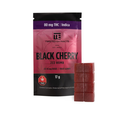 Twisted Extracts Black Cherry Jelly Bomb indica gummies 80mg THC package with purple gummy pieces