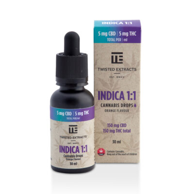 Twisted Extracts Indica 1:1 cannabis oil drops orange flavour 150mg CBD 150mg THC total 30ml bottle with box