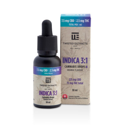 Twisted Extracts Indica 3:1 cannabis oil drops orange flavour 225mg CBD 75mg THC total 30ml bottle with box