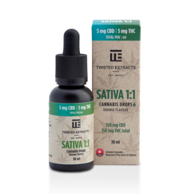 Twisted Extracts Sativa 1:1 cannabis oil drops orange flavour 150mg CBD 150mg THC total 30ml bottle with box