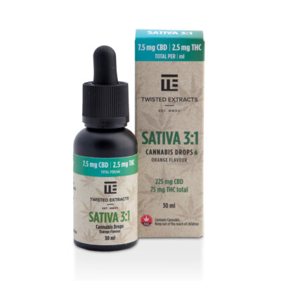 Twisted Extracts Sativa 3:1 cannabis oil drops orange flavour 225mg CBD 75mg THC total 30ml bottle with box