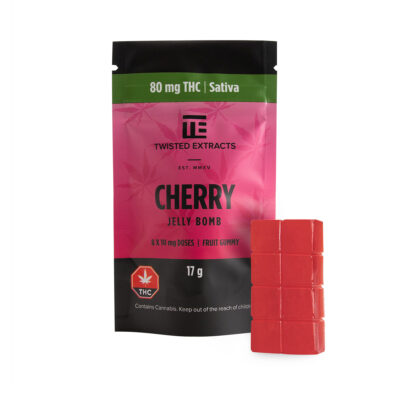 Twisted Extracts Cherry Jelly Bomb sativa gummies 80mg THC package with red gummy pieces