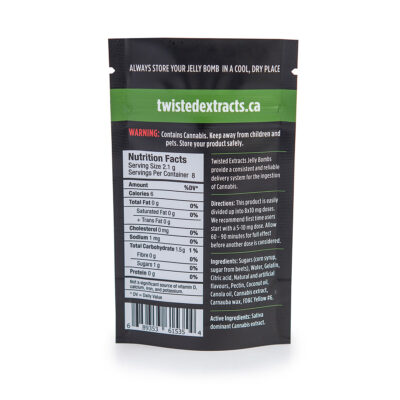 Back of Twisted Extracts Cherry Jelly Bomb 80mg THC sativa gummies package showing nutrition facts, ingredients, and directions