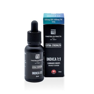 Twisted Extracts Extra Strength Indica 1:1 cannabis oil drops orange flavour 600mg CBD 600mg THC 30ml bottle with box