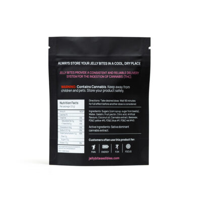 Back of twisted extracts jelly bites fruit punch mix 100mg sativa gummies package showing nutrition facts, ingredients, and warning label