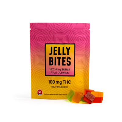 Twisted Extracts Jelly Bites Fruit Punch Mix sativa gummies 100mg THC package with assorted fruit gummies