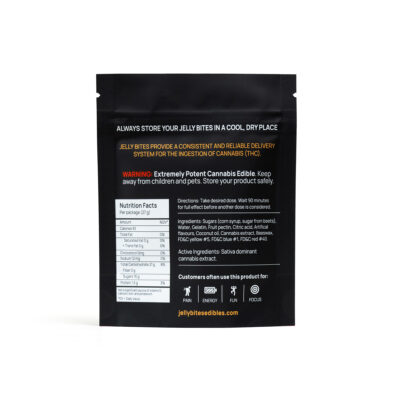 Back of twisted extracts jelly bites fruit punch mix 500mg sativa gummies package showing nutrition facts, ingredients, and warning label