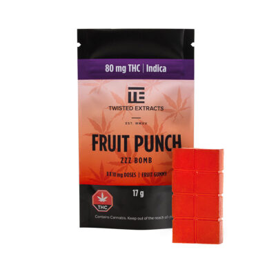 Twisted Extracts Fruit Punch Jelly Bomb indica gummies 80mg THC package with red gummy pieces