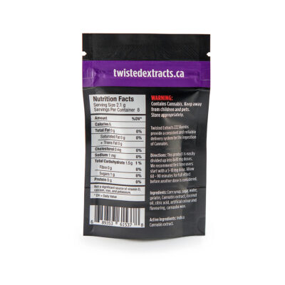 Back of Twisted Extracts Fruit Punch Zzz Bomb 80mg THC indica gummies package showing nutrition facts, ingredients, and directions