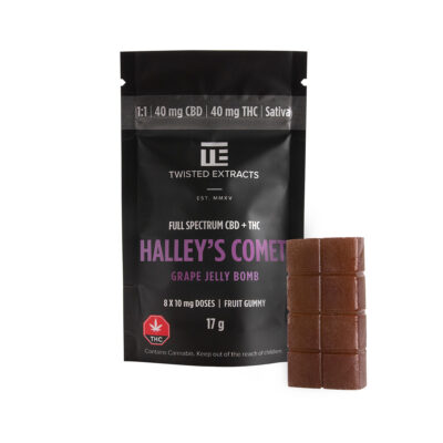 Twisted Extracts Halley’s Comet Grape Jelly Bomb full spectrum CBD + THC sativa gummies 1:1 ratio package with gummy piece
