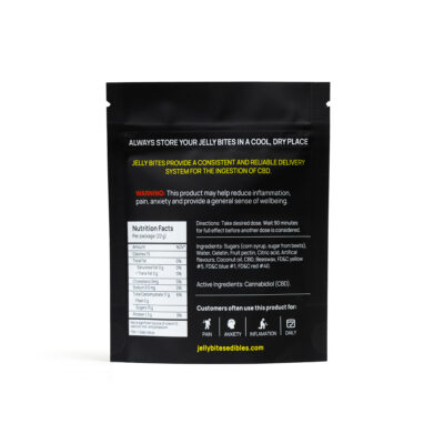 Back of twisted extracts jelly bites light & fruity mix 500mg cbd gummies package showing nutrition facts, ingredients, and warning label