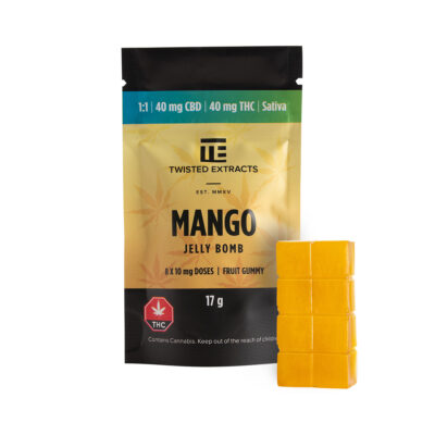 Twisted Extracts Mango Jelly Bomb 40mg CBD and 40mg THC Sativa gummy with package