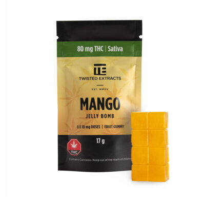 Twisted Extracts Mango Jelly Bomb sativa gummies 80mg THC package with orange gummy pieces