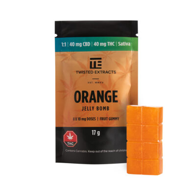 Twisted Extracts Orange Jelly Bomb 40mg CBD and 40mg THC Sativa gummy with package